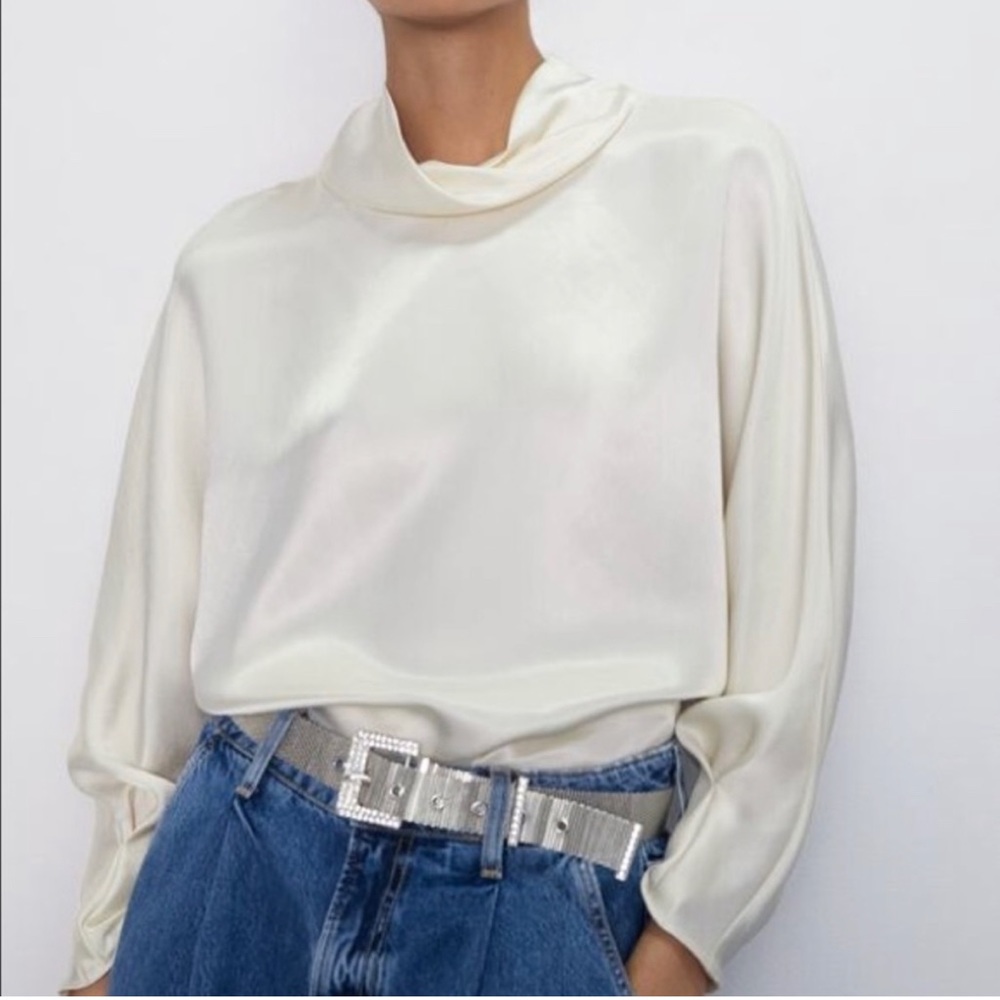 Zara Satin Ivory Ruched Hi Neck Long Sleeve Blouse Relaxed Fit M